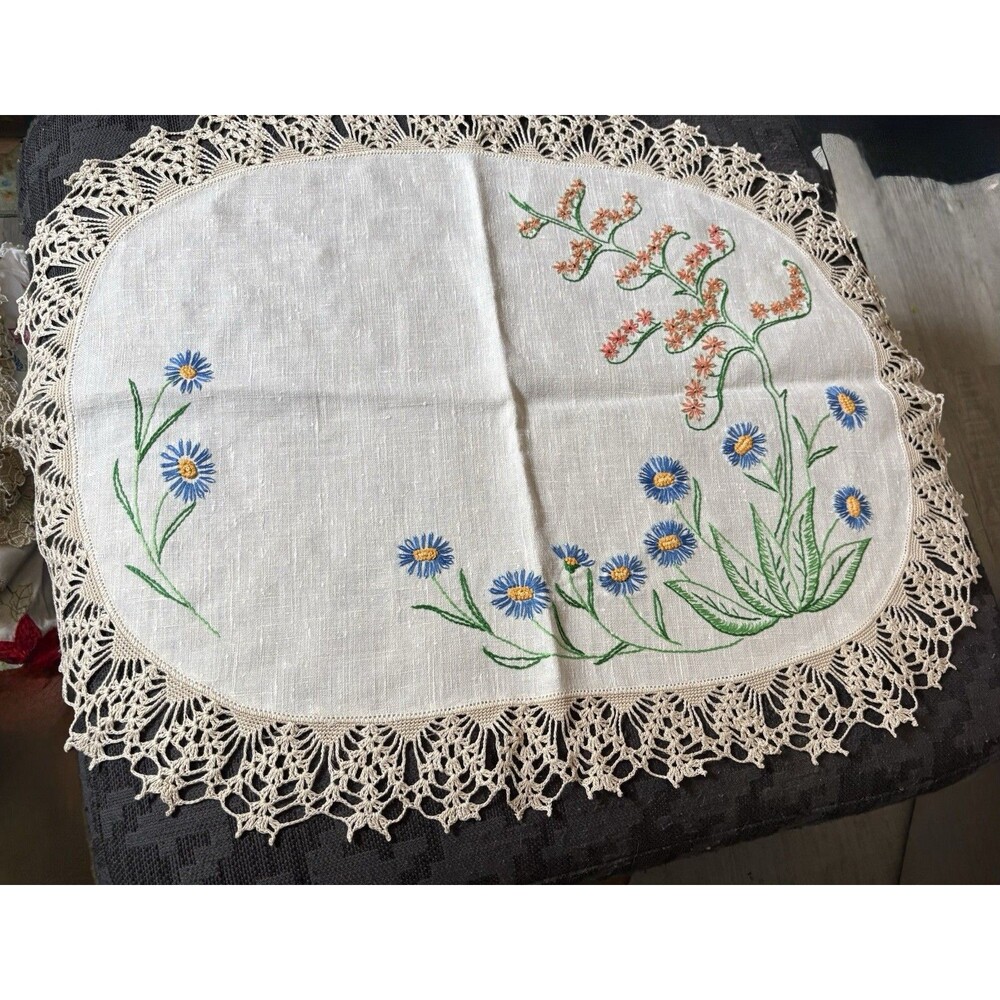 Embroidered Floral Crochet Lace Oval Doily White Blue Green Orange Linen Cotton